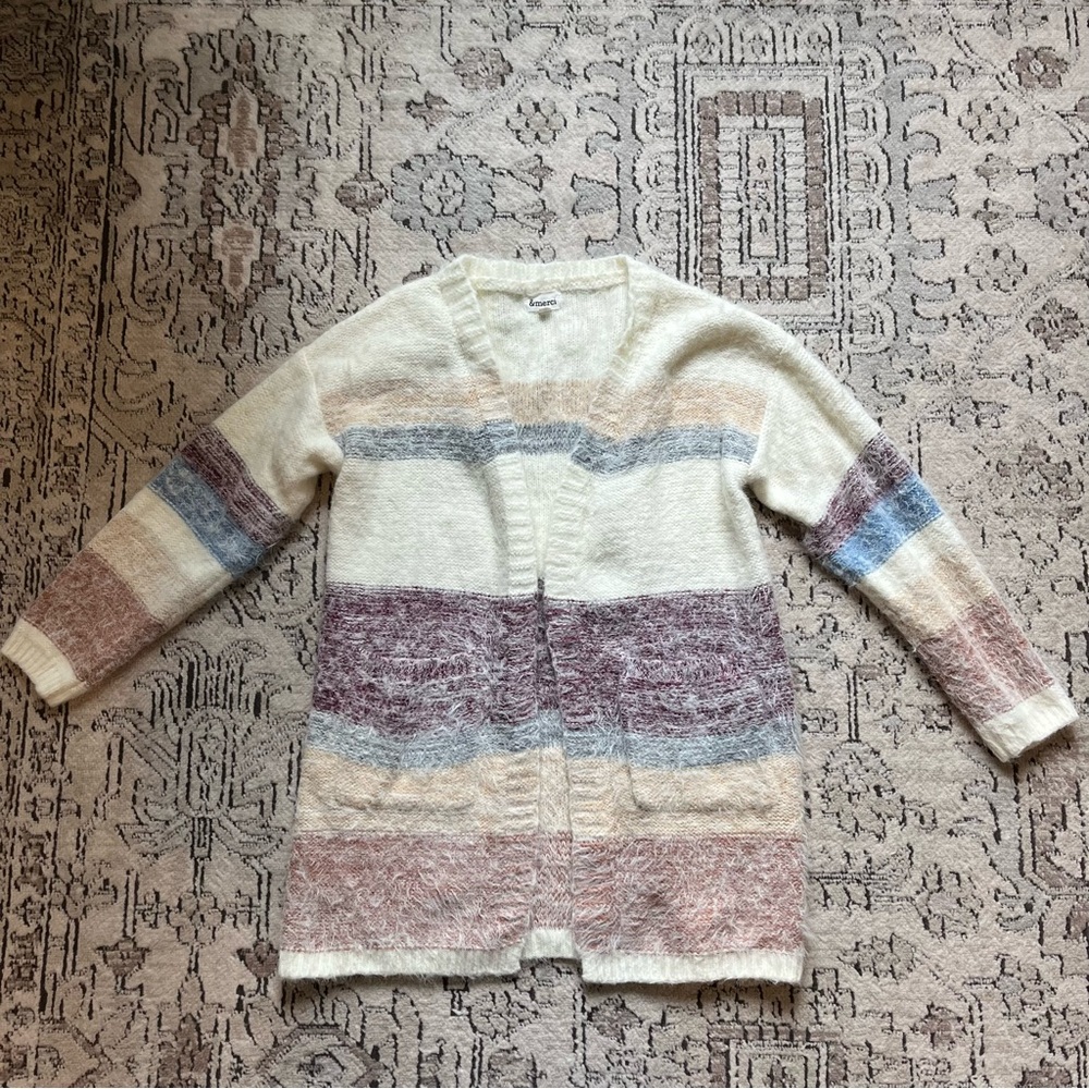 & Merci Super Soft Boho Open Front Striped Oversized Sweater w Pockets Size S